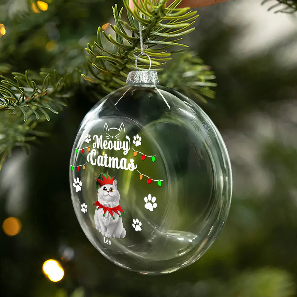 Meowy Catmas Funny 3D Effect Cats - Personalized Clear Flat Ball Ornament - Image 2