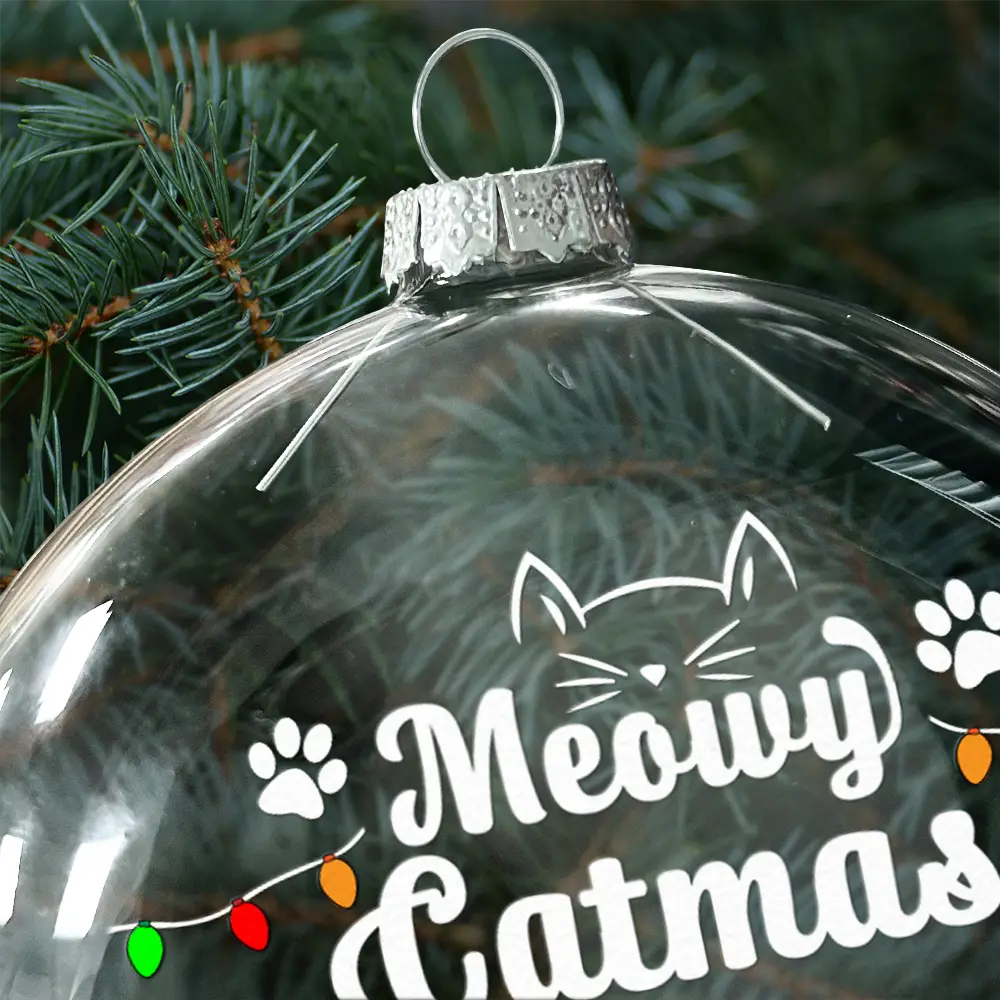 Meowy Catmas Funny 3D Effect Cats - Personalized Clear Flat Ball Ornament - Image 4