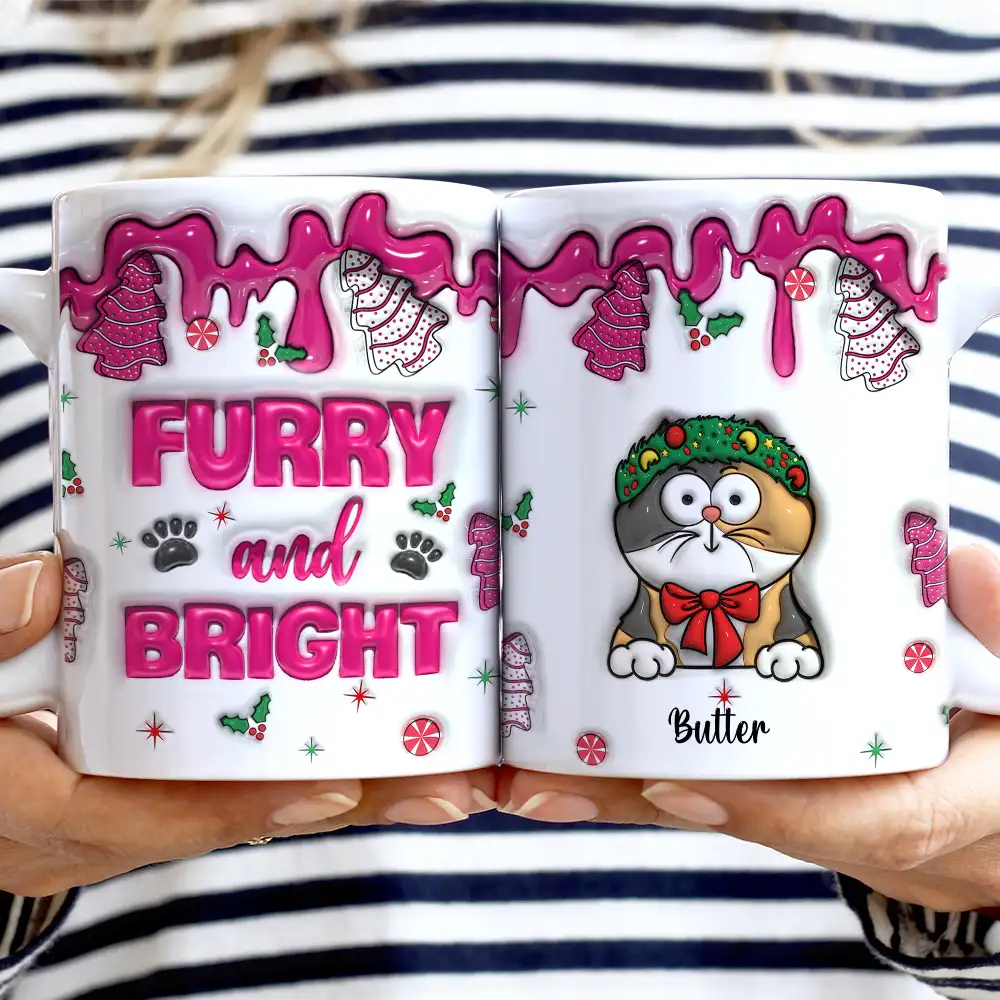 Meowy Catmas Funny Cartoon Cats - 3D Inflated Effect Printed Mug, Personalized White Edge-to-Edge Mug - Image 2