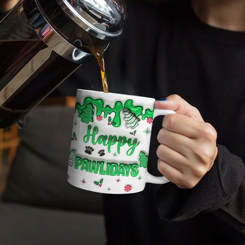 Meowy Catmas Funny Cartoon Cats - 3D Inflated Effect Printed Mug, Personalized White Edge-to-Edge Mug - Image 4
