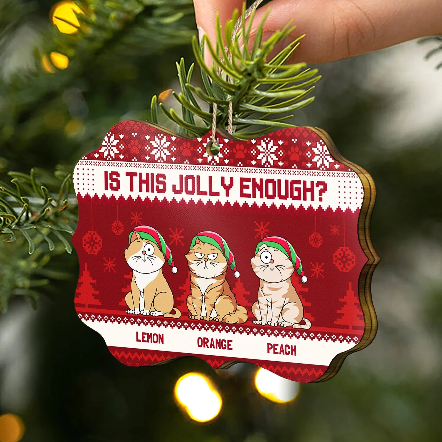 Meowy Catmas Funny Cartoon Cats - Christmas Gift For Cat Lovers, Cat Moms, Cat Dads - Personalized Medallion Wooden Ornament - Image 2