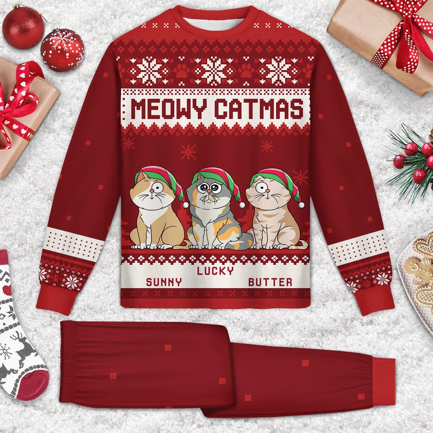 Meowy Catmas Funny Cartoon Cats - Christmas Gift For Cat Lovers, Cat Moms, Cat Dads - Personalized Unisex Pajamas Set - Image 2