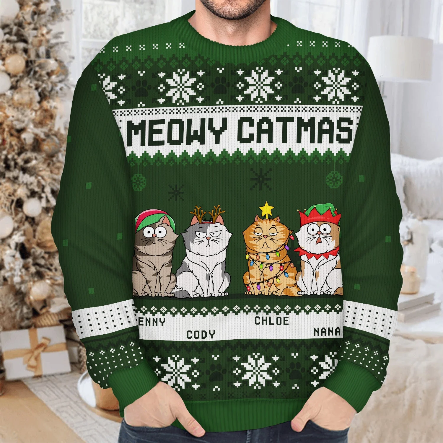 Meowy Catmas Funny Cartoon Cats - Christmas Gift For Cat Lovers, Cat Moms, Cat Dads - Personalized Unisex Ugly Sweater - Image 4