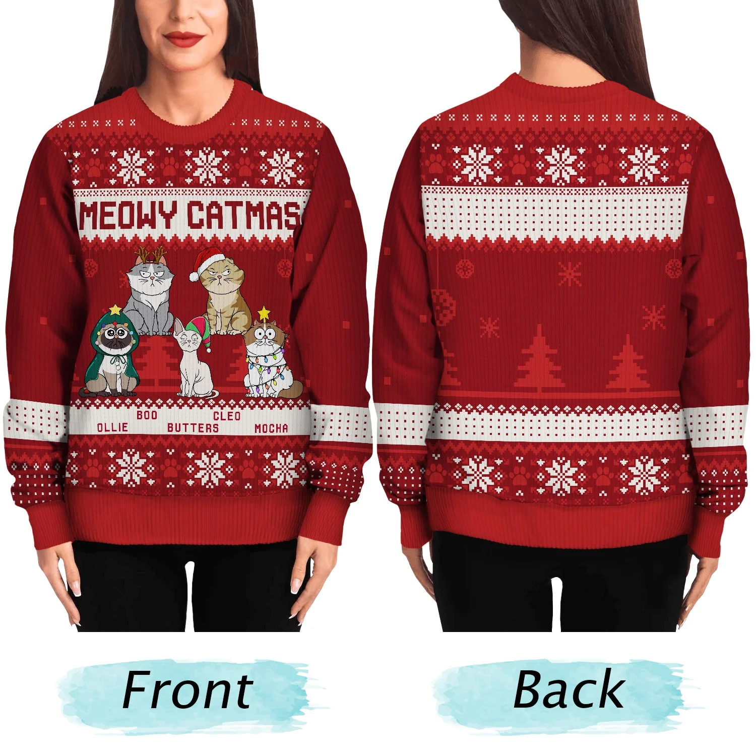 Meowy Catmas Funny Cartoon Cats - Christmas Gift For Cat Lovers, Cat Moms, Cat Dads - Personalized Unisex Ugly Sweater - Image 5