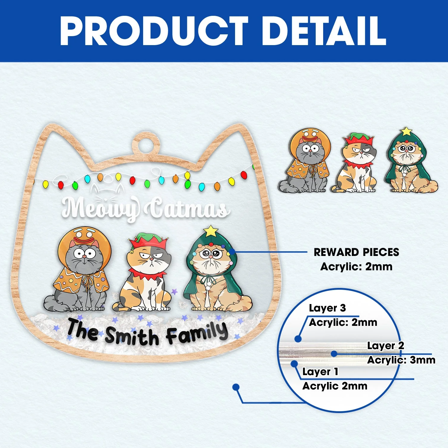 Meowy Catmas Funny Cartoon Cats - Christmas Gift For Cat Lovers - Personalized 3-Layered Acrylic Shaker Ornament - Image 6