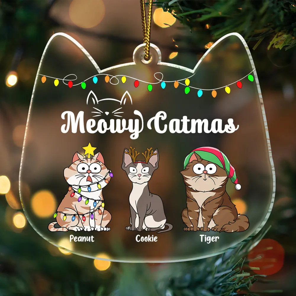 Meowy Catmas Funny Cartoon Cats - Christmas Gift For Cat Lovers - Personalized Custom Shaped Acrylic Ornament - Image 3