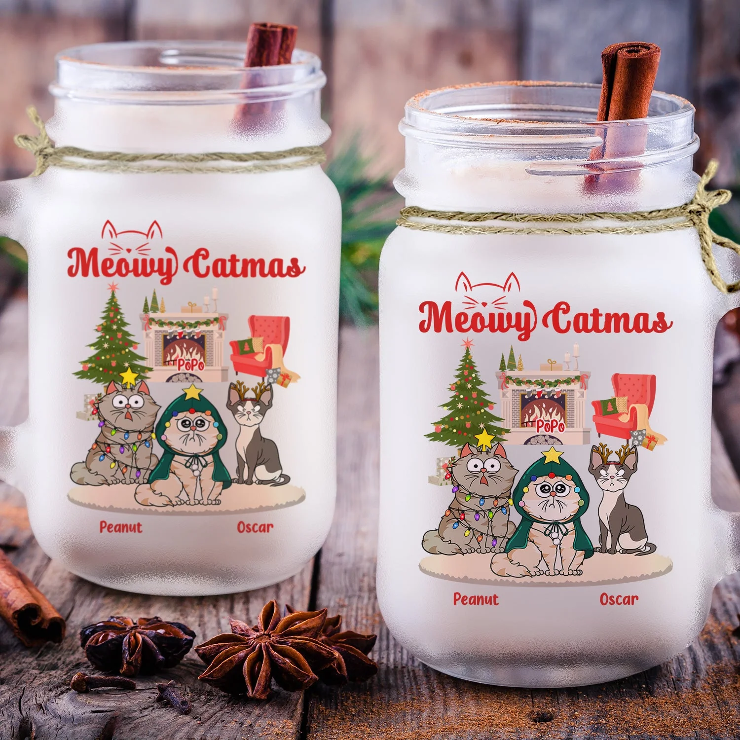 Meowy Catmas Funny Cartoon Cats - Christmas Gift For Cat Lovers - Personalized Mason Jar Cup With Straw - Image 3