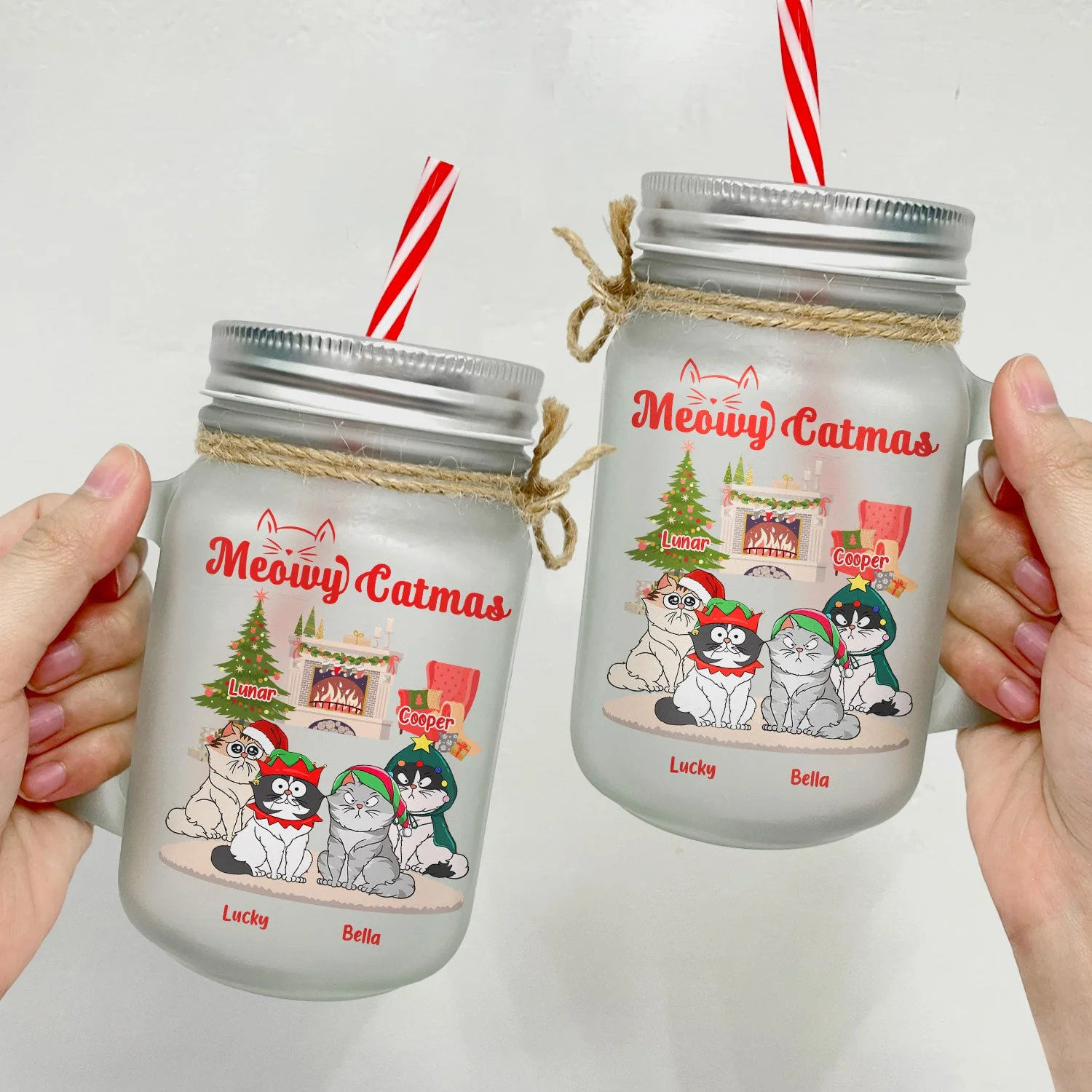 Meowy Catmas Funny Cartoon Cats - Christmas Gift For Cat Lovers - Personalized Mason Jar Cup With Straw - Image 4