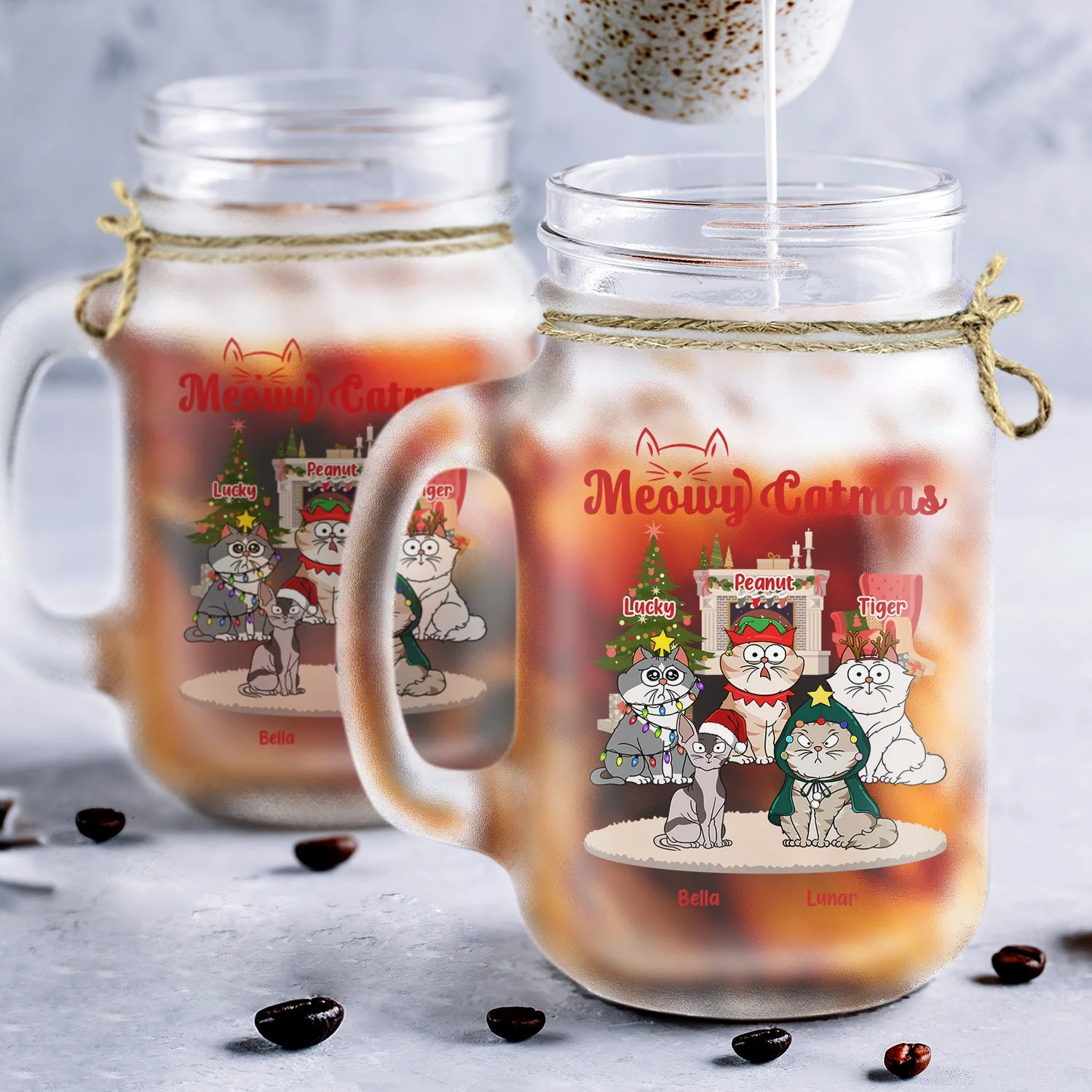 Meowy Catmas Funny Cartoon Cats - Christmas Gift For Cat Lovers - Personalized Mason Jar Cup With Straw - Image 5