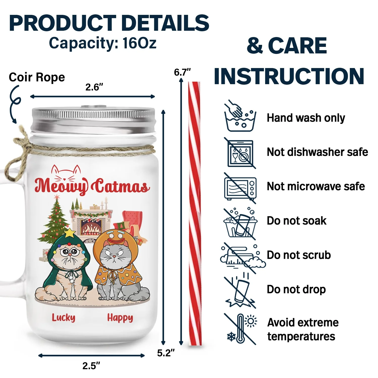Meowy Catmas Funny Cartoon Cats - Christmas Gift For Cat Lovers - Personalized Mason Jar Cup With Straw - Image 6