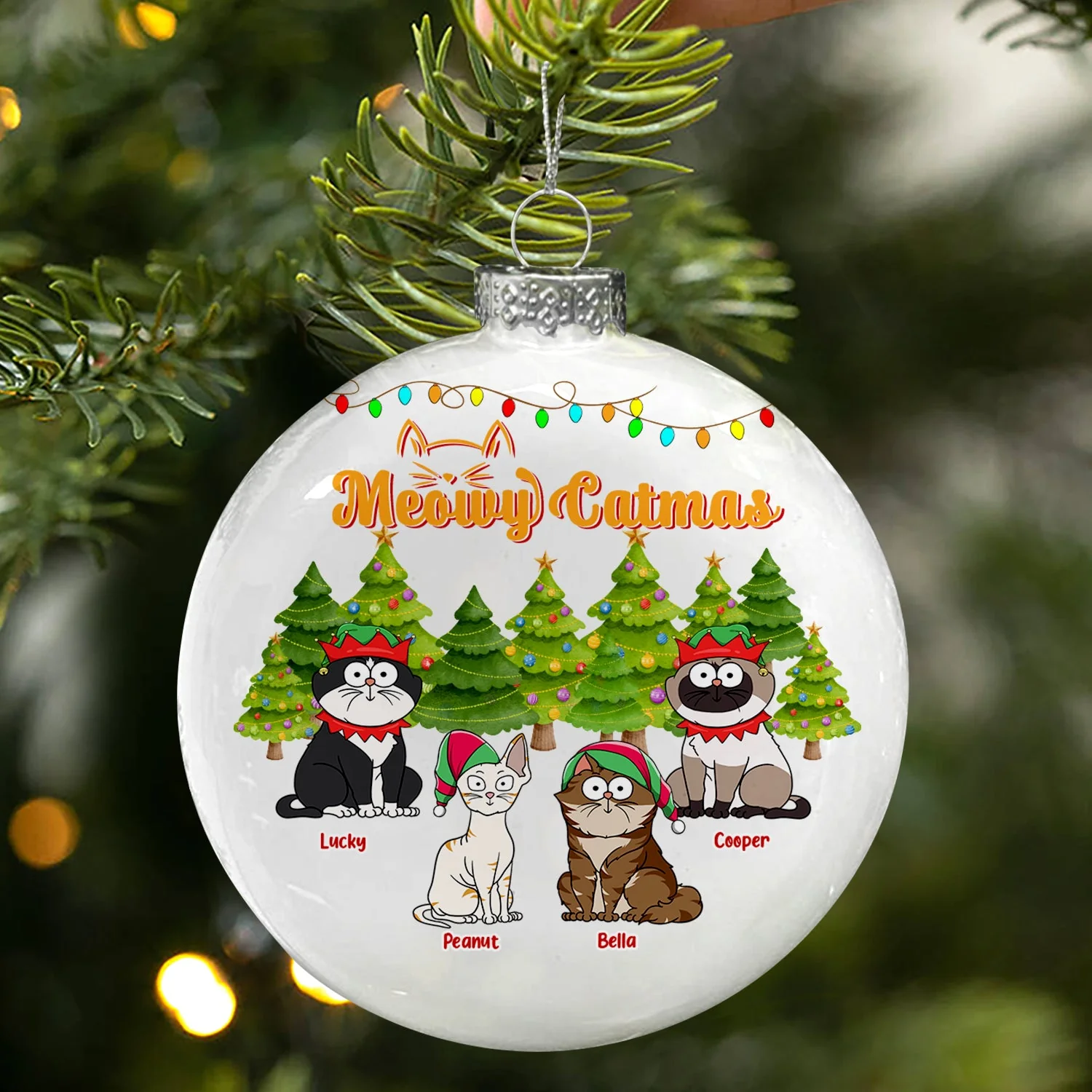Meowy Catmas Funny Cartoon Cats - Christmas Gift For Cat Lovers - Personalized White Flat Ball Ornament - Image 3
