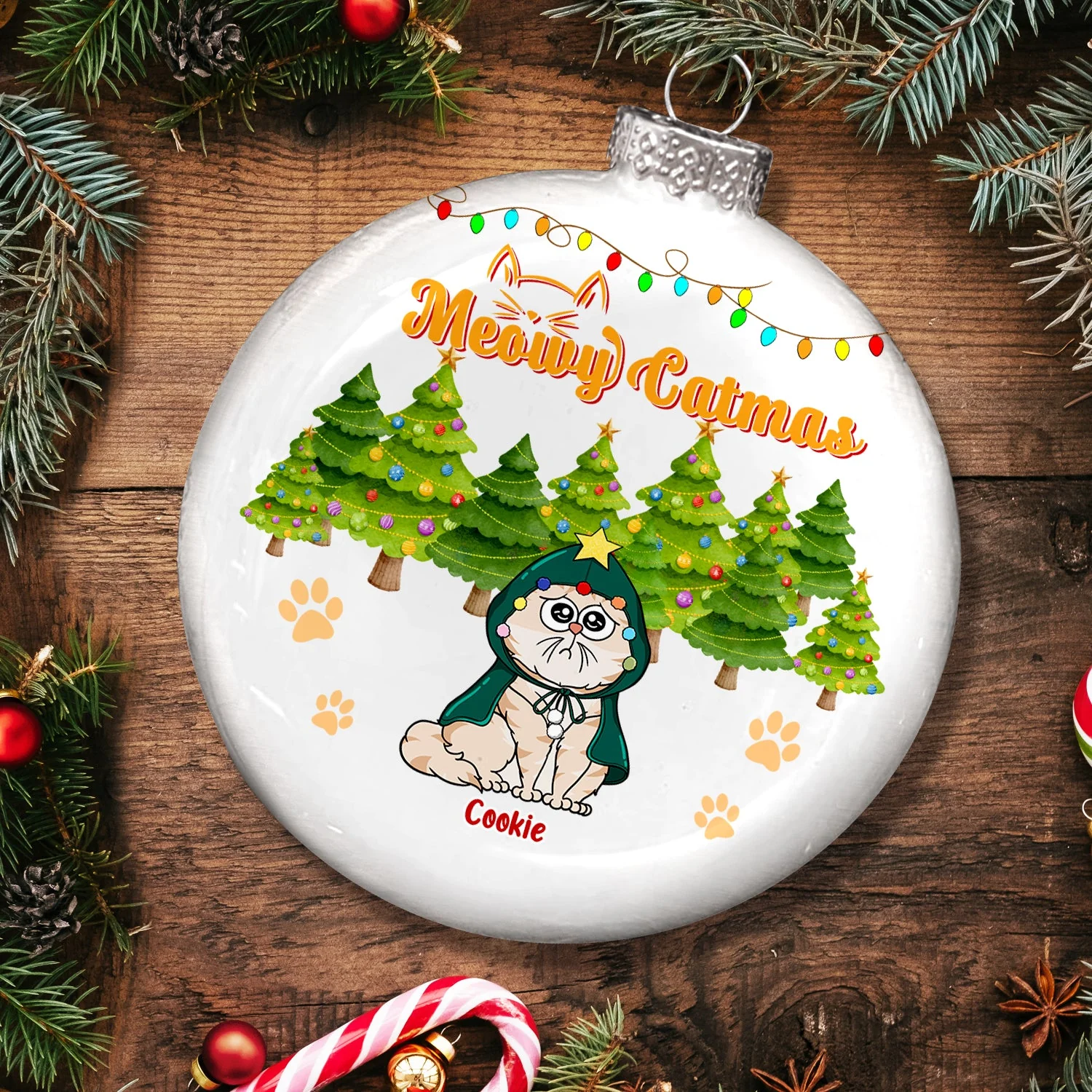Meowy Catmas Funny Cartoon Cats - Christmas Gift For Cat Lovers - Personalized White Flat Ball Ornament - Image 4