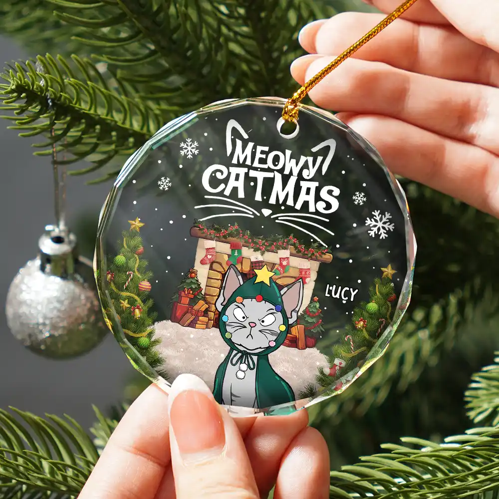 Meowy Catmas Funny Cartoon Cats - Personalized Circle Glass Ornament - Image 2