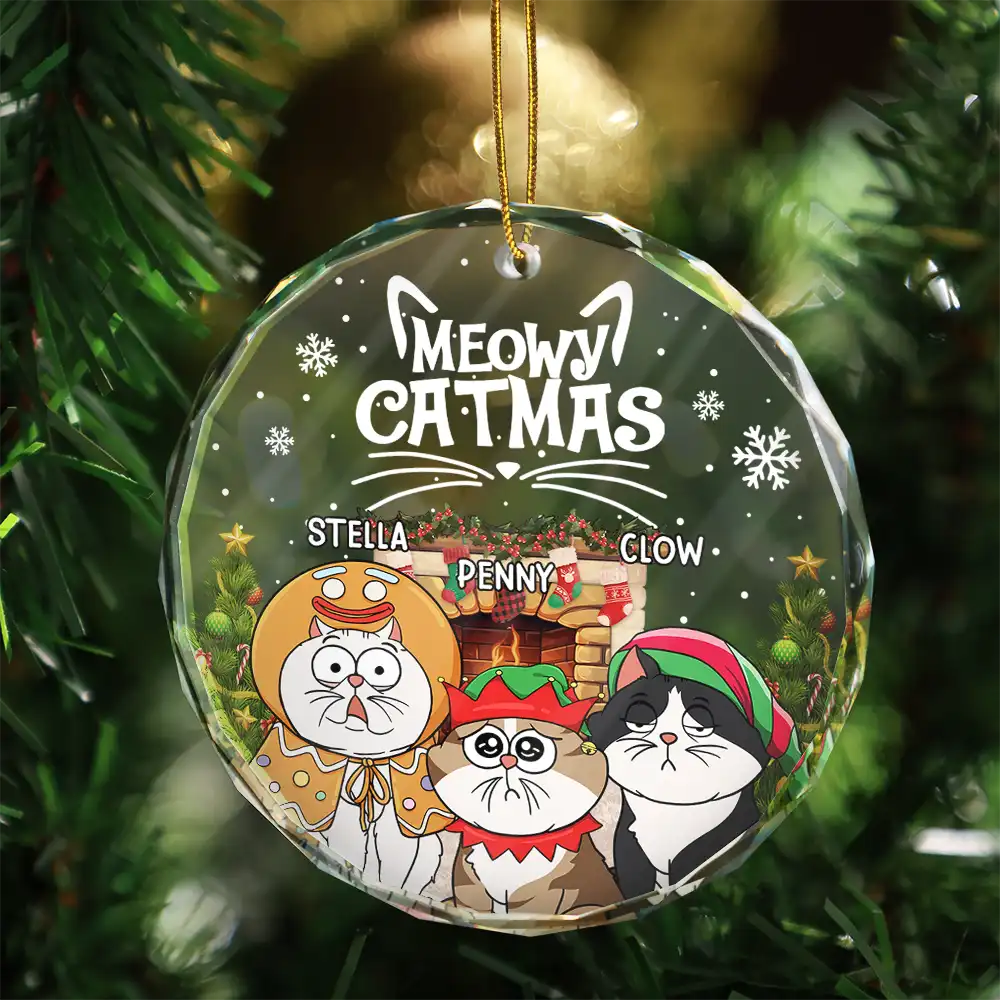 Meowy Catmas Funny Cartoon Cats - Personalized Circle Glass Ornament - Image 3
