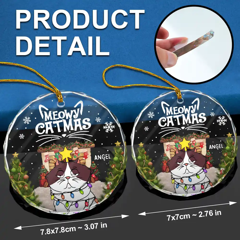 Meowy Catmas Funny Cartoon Cats - Personalized Circle Glass Ornament - Image 6