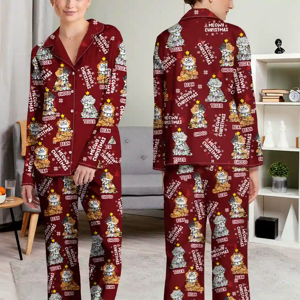 Meowy Catmas Funny Cartoon Cats - Personalized Long Pajamas Set - Image 4