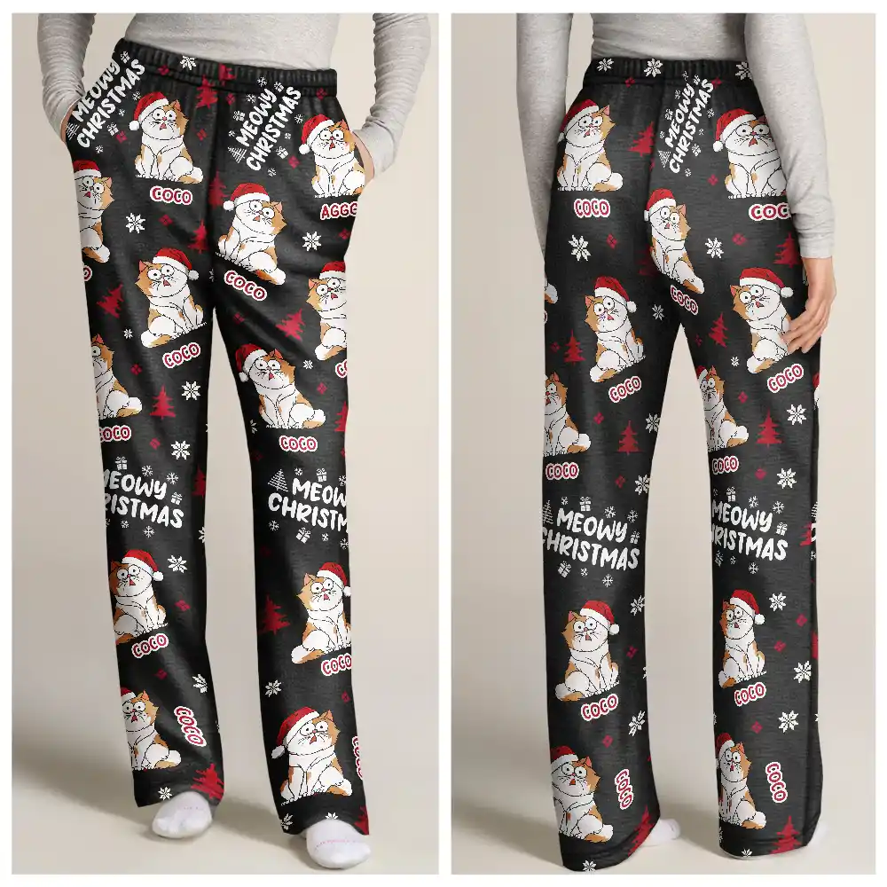 Meowy Catmas Funny Cartoon Cats - Personalized Pajama Pants - Image 3