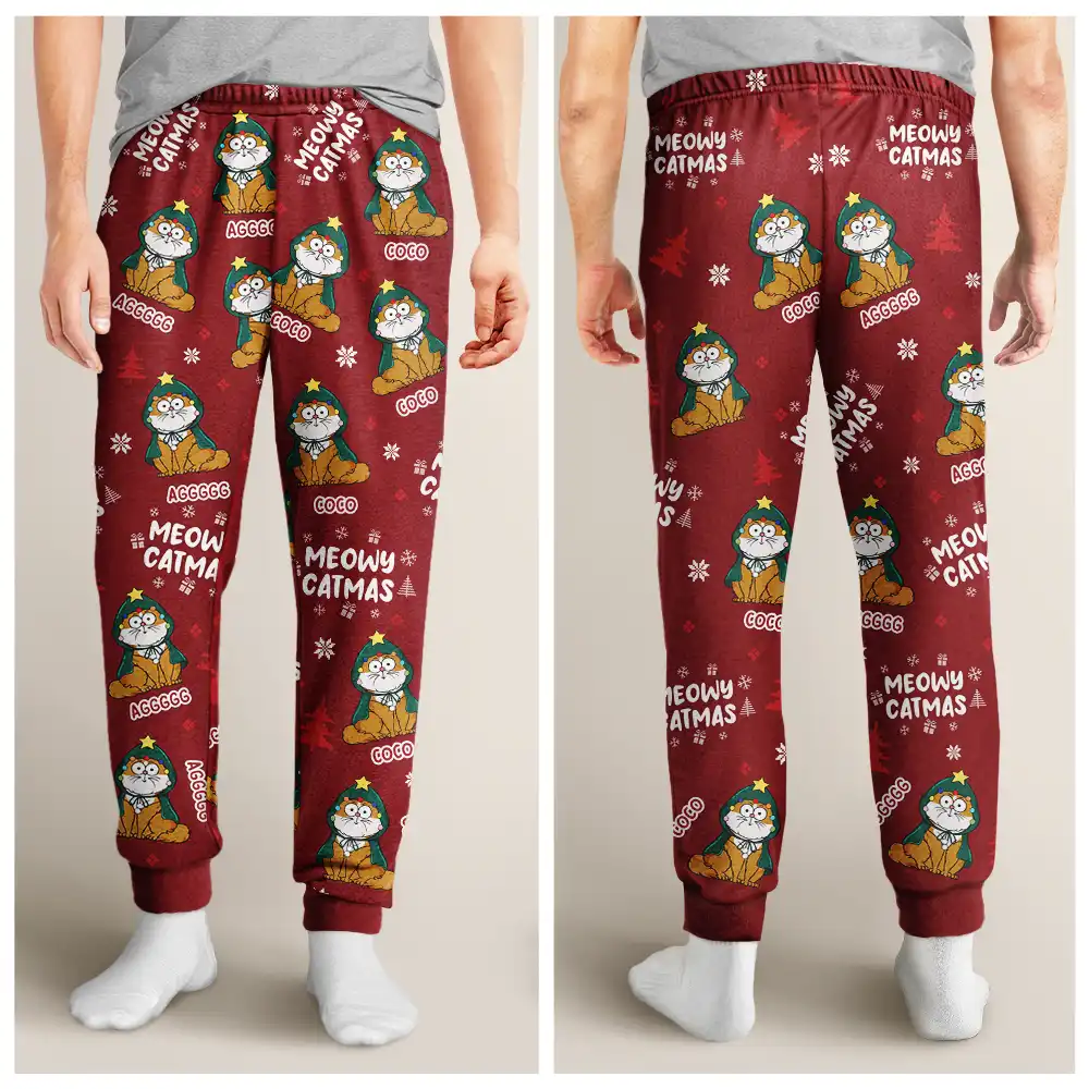 Meowy Catmas Funny Cartoon Cats - Personalized Pajama Pants - Image 4