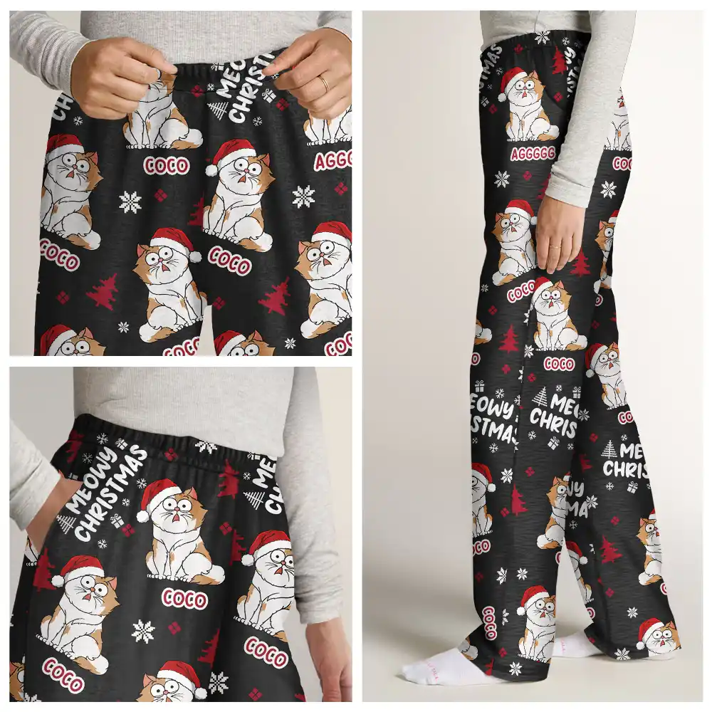 Meowy Catmas Funny Cartoon Cats - Personalized Pajama Pants - Image 7