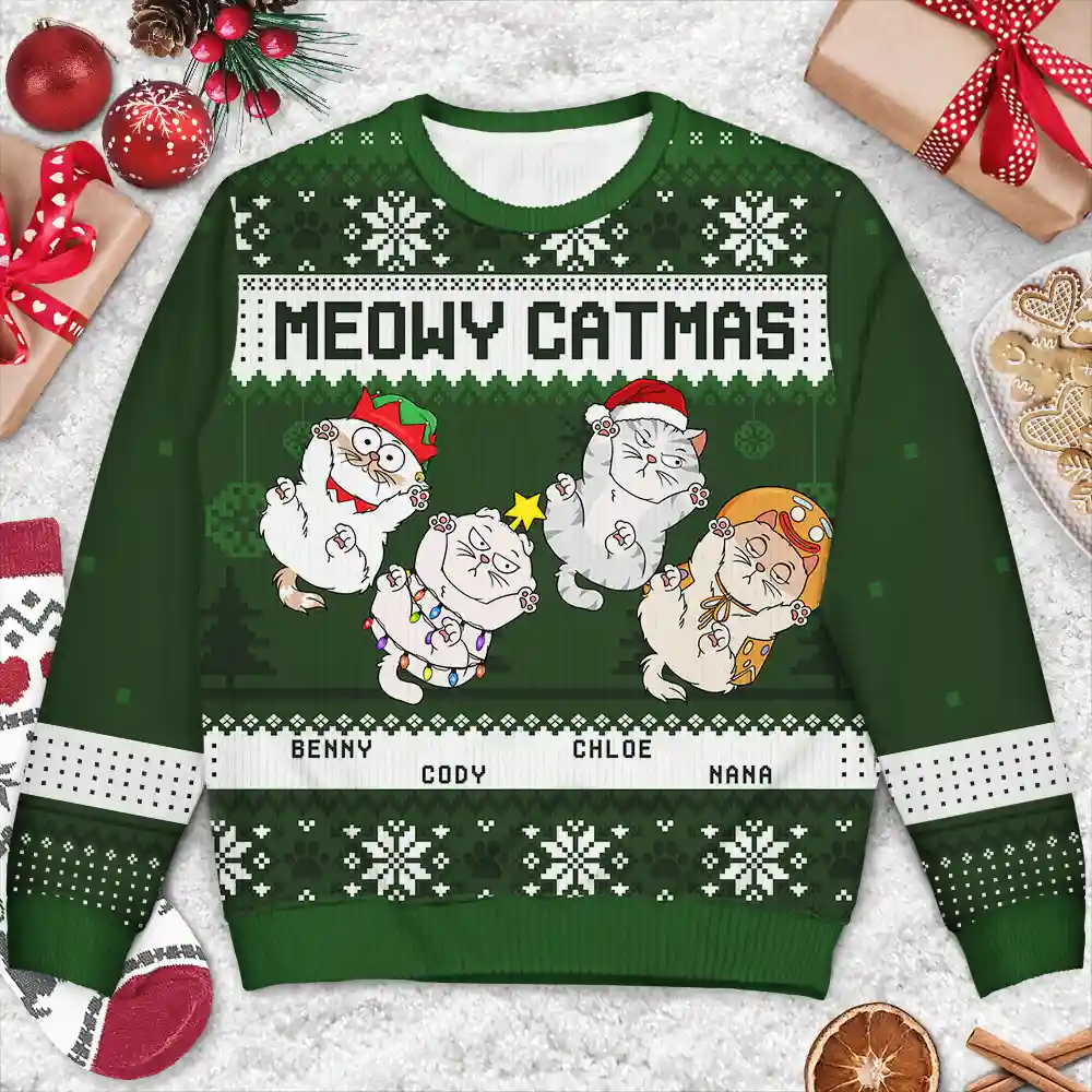 Meowy Catmas Funny Cats Showing Tummy - Personalized Unisex Ugly Sweater - Image 3