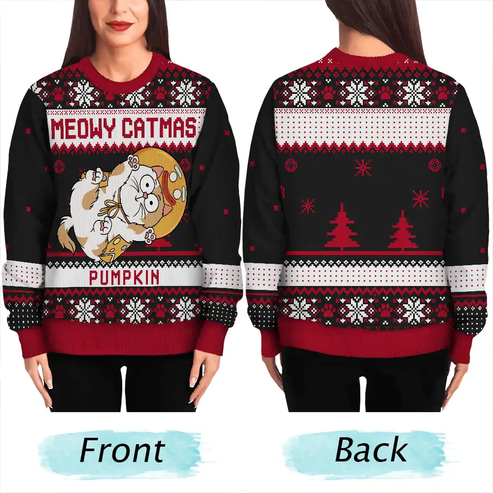 Meowy Catmas Funny Cats Showing Tummy - Personalized Unisex Ugly Sweater - Image 5