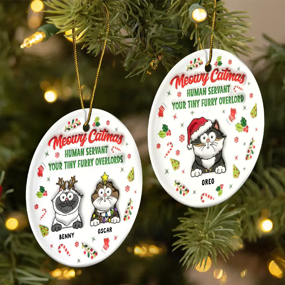 Meowy Catmas Human Servant - 3D Inflated Effect Printed Ornament, Personalized Circle Ceramic Ornament - Image 2