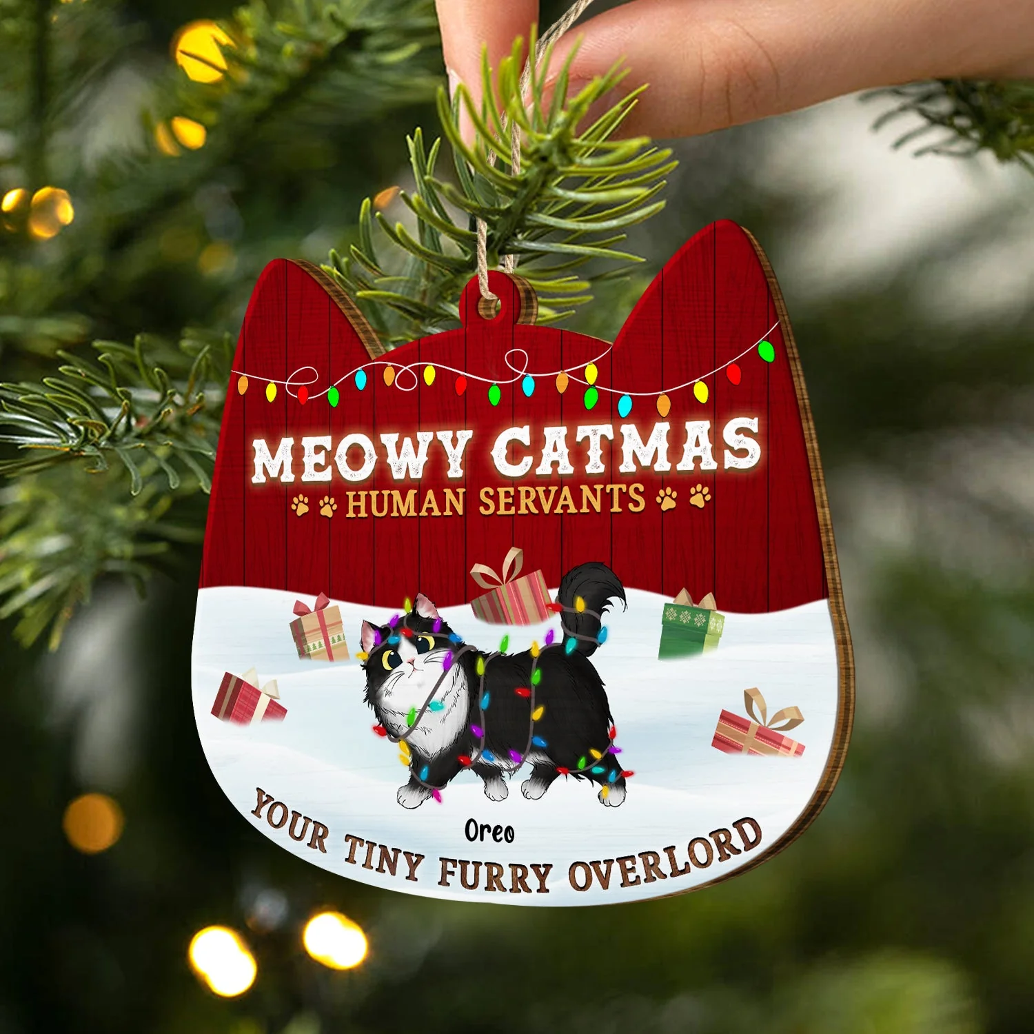 Meowy Catmas Human Servant Your Tiny Furry Overlord - Funny, Christmas Gift For Cat Lover, Pet Owner - Personalized Custom Shaped Wooden Ornament - Image 2
