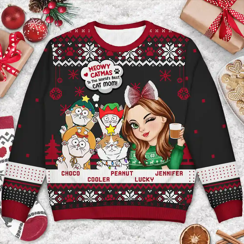 Meowy Catmas To The World's Best Cat Mom - Personalized Unisex Ugly Sweater - Image 3