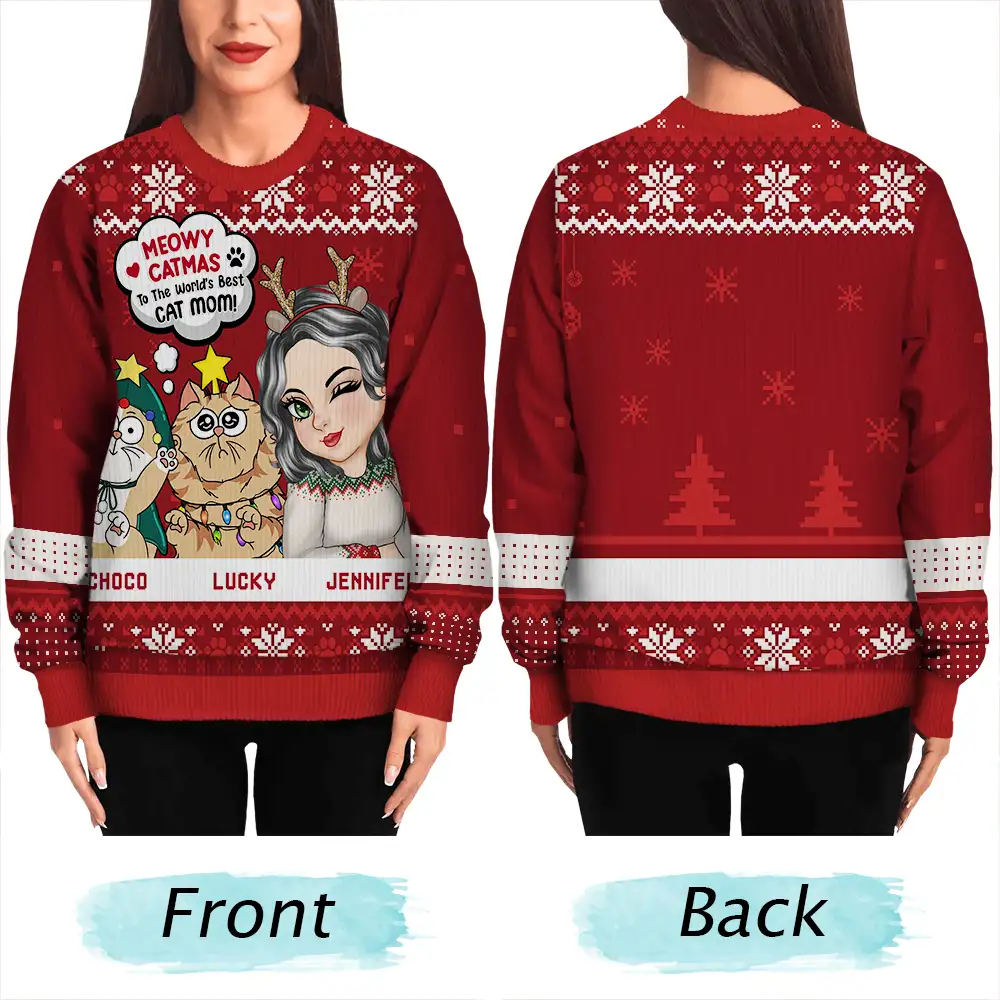 Meowy Catmas To The World's Best Cat Mom - Personalized Unisex Ugly Sweater - Image 5