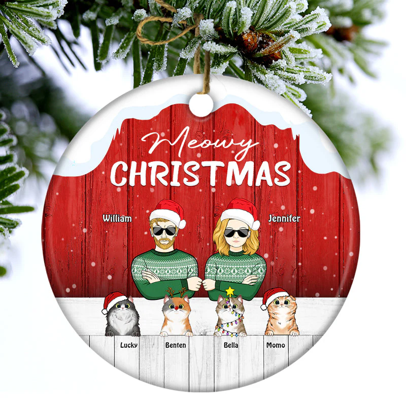 Meowy Christmas Cat Couple - Christmas Gift For Couples - Personalized Custom Circle Ceramic Ornament - Image 3