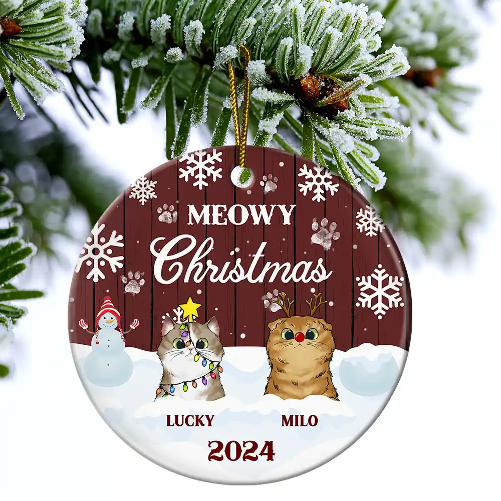 Meowy Christmas - Christmas Gift For Cat Lovers - Personalized Custom Circle Ceramic Ornament - Image 4