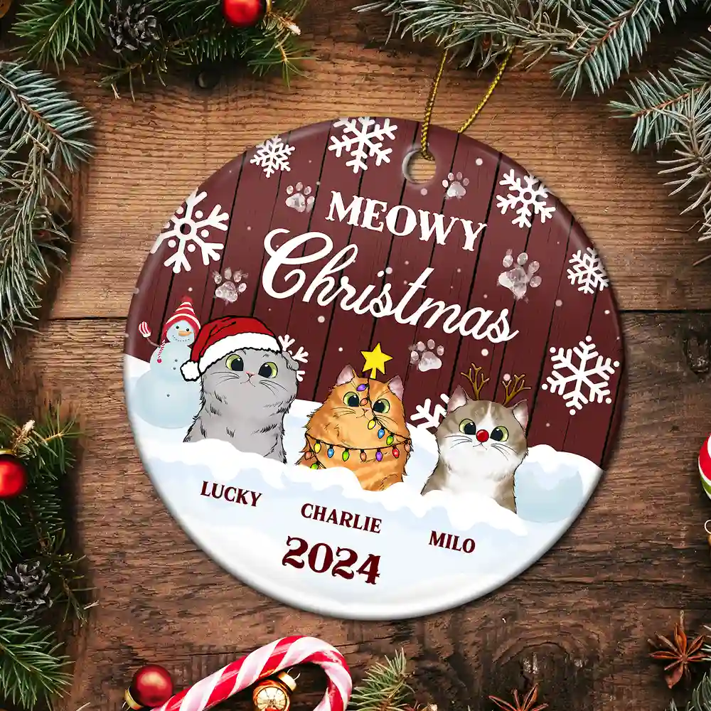 Meowy Christmas - Christmas Gift For Cat Lovers - Personalized Custom Circle Ceramic Ornament - Image 5