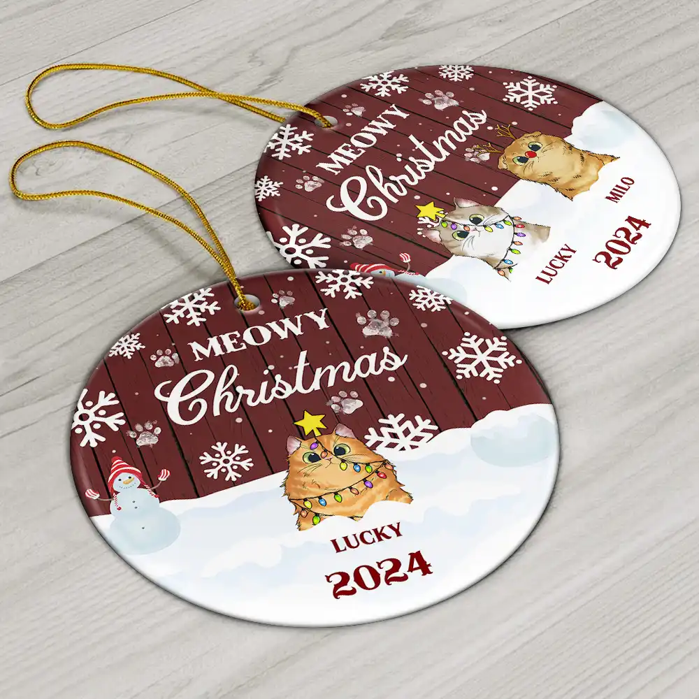 Meowy Christmas - Christmas Gift For Cat Lovers - Personalized Custom Circle Ceramic Ornament - Image 6