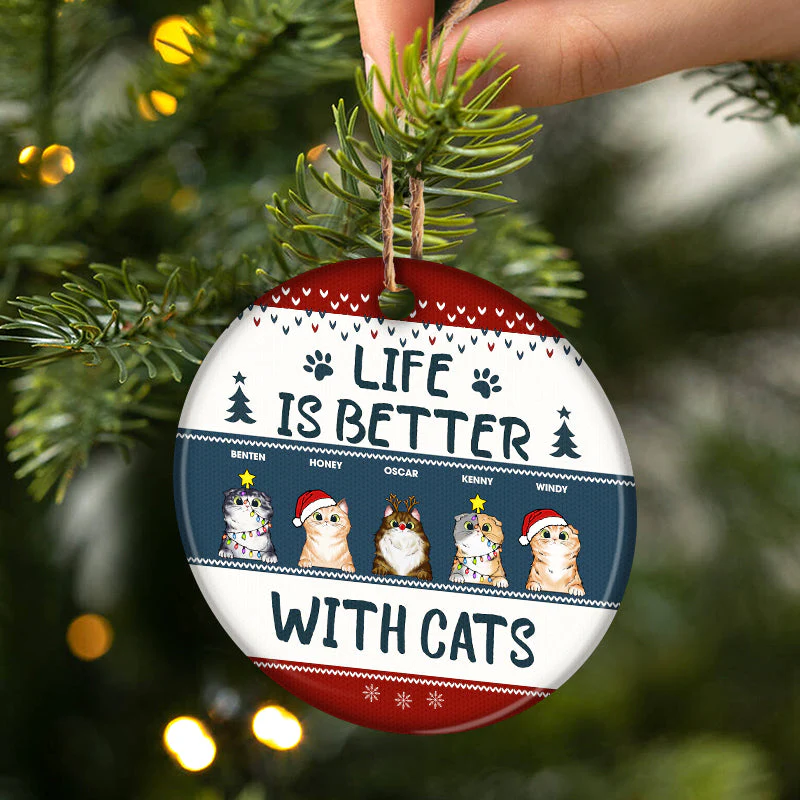 Meowy Christmas - Gift For Cat Lovers - Personalized Custom Circle Ceramic Ornament - Image 2