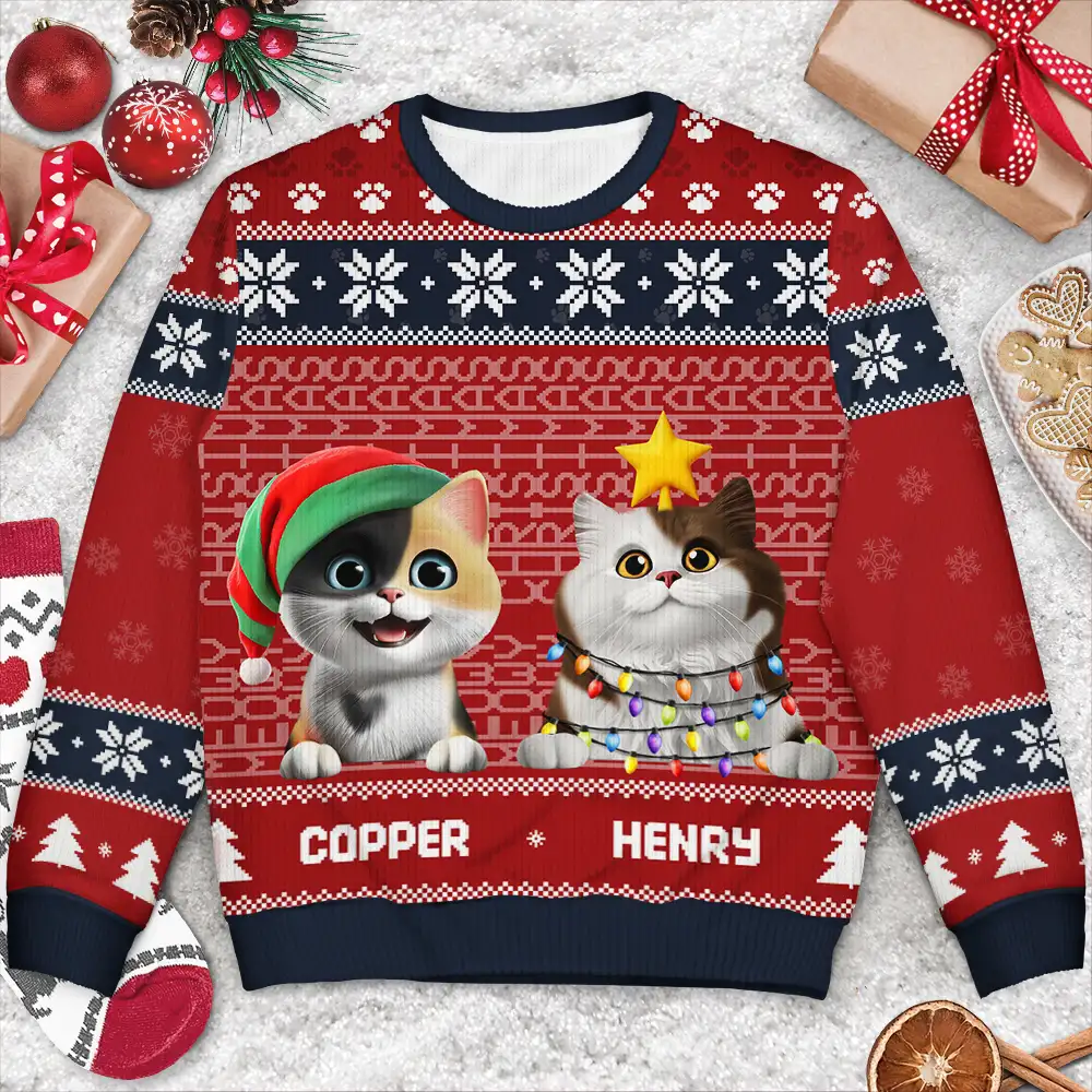 Meowy Christmas Hidden Message - Personalized Unisex Ugly Sweater - Image 3