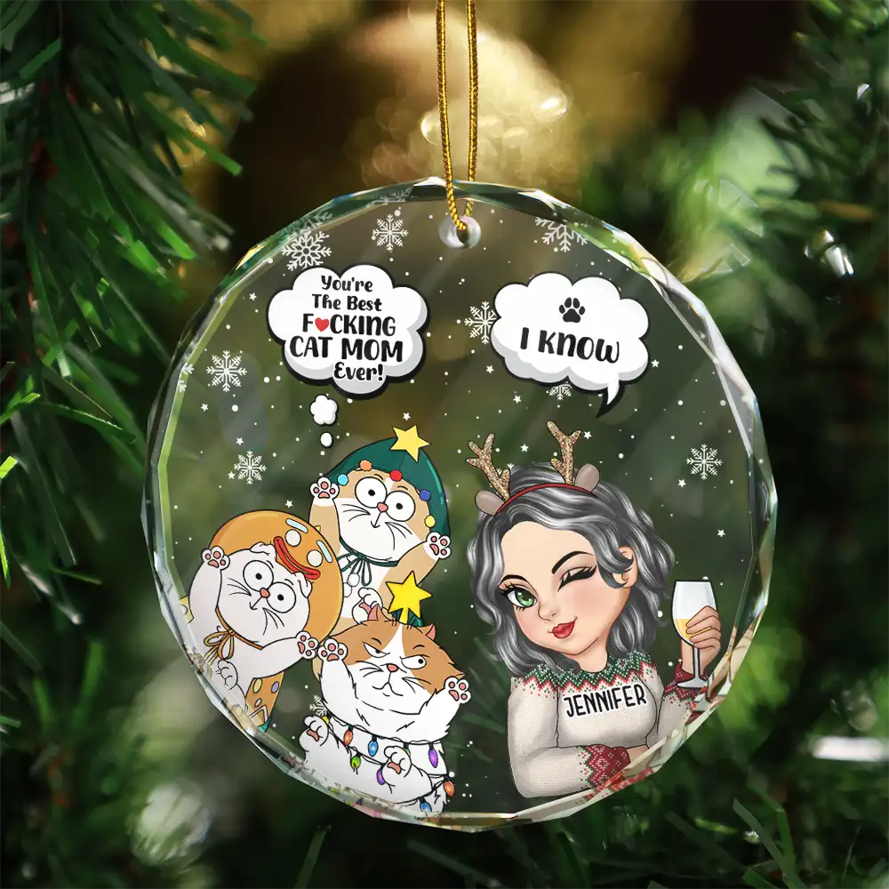 Meowy Christmas You're The Best Cat Mom Ever - Personalized Circle Glass Ornament - Image 3
