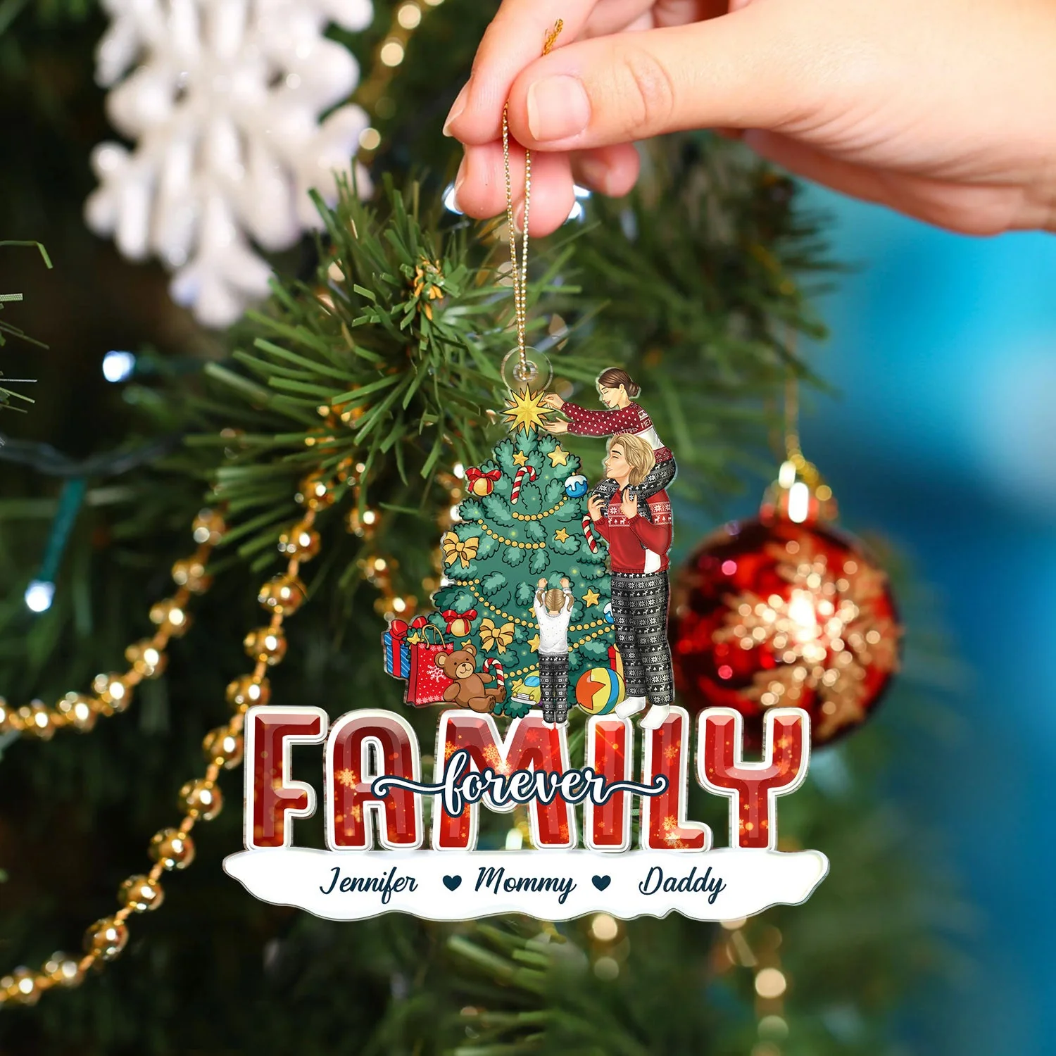Merry Christmas Family Forever Everything - Gift For Parents, Couples, Pet Lovers - Personalized Cutout Acrylic Ornament - Image 4