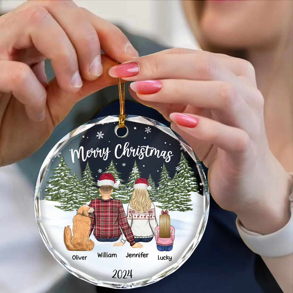Merry Christmas Family Name Backside - Personalized Circle Glass Ornament - Image 4