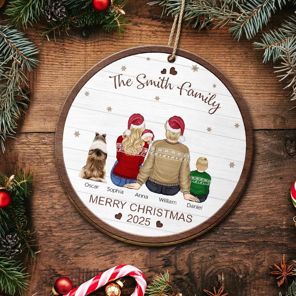 Merry Christmas Family With Pets - Personalized Custom Shaped Wooden Ornament - Image 5