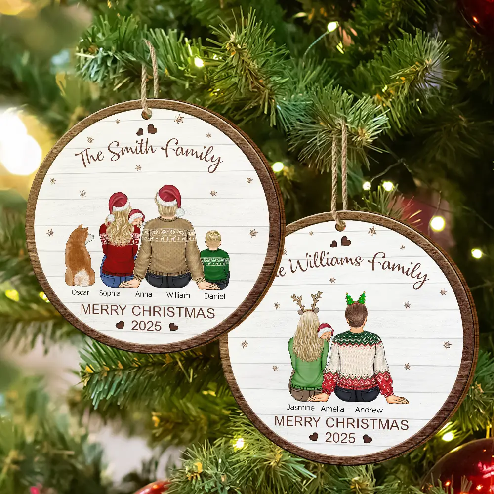 Merry Christmas Family With Pets - Personalized Custom Shaped Wooden Ornament - Image 6