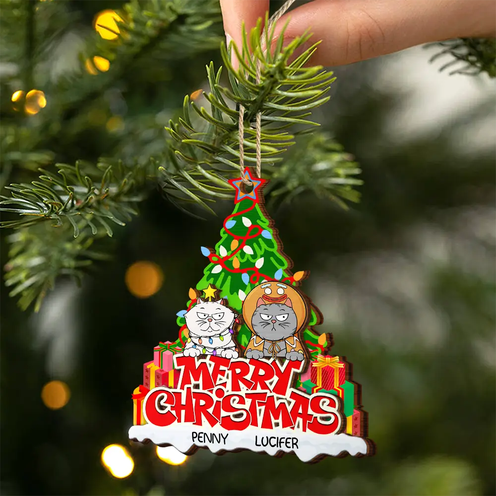 Merry Christmas Funny Cartoon Dog Cat - Personalized 2-Layered Wooden Ornament - Image 2