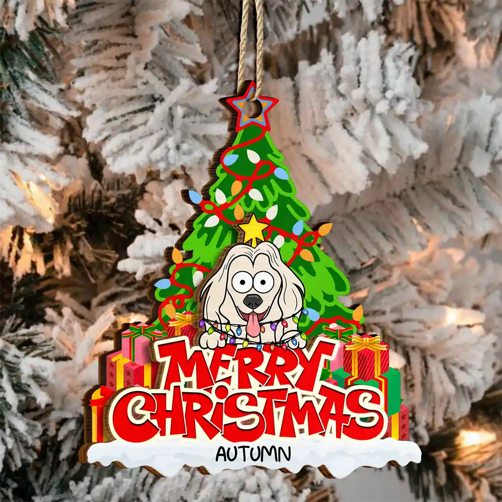 Merry Christmas Funny Cartoon Dog Cat - Personalized 2-Layered Wooden Ornament - Image 3