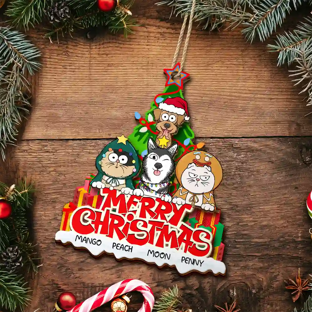 Merry Christmas Funny Cartoon Dog Cat - Personalized 2-Layered Wooden Ornament - Image 5