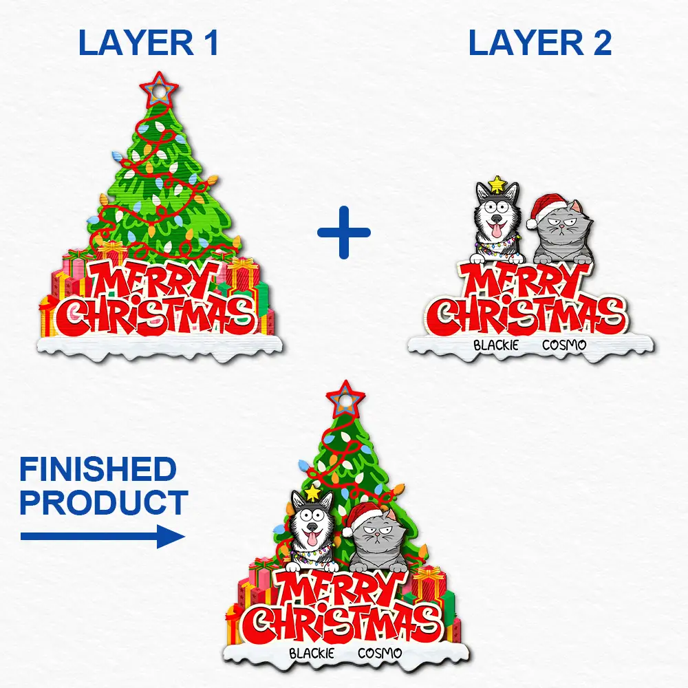 Merry Christmas Funny Cartoon Dog Cat - Personalized 2-Layered Wooden Ornament - Image 6