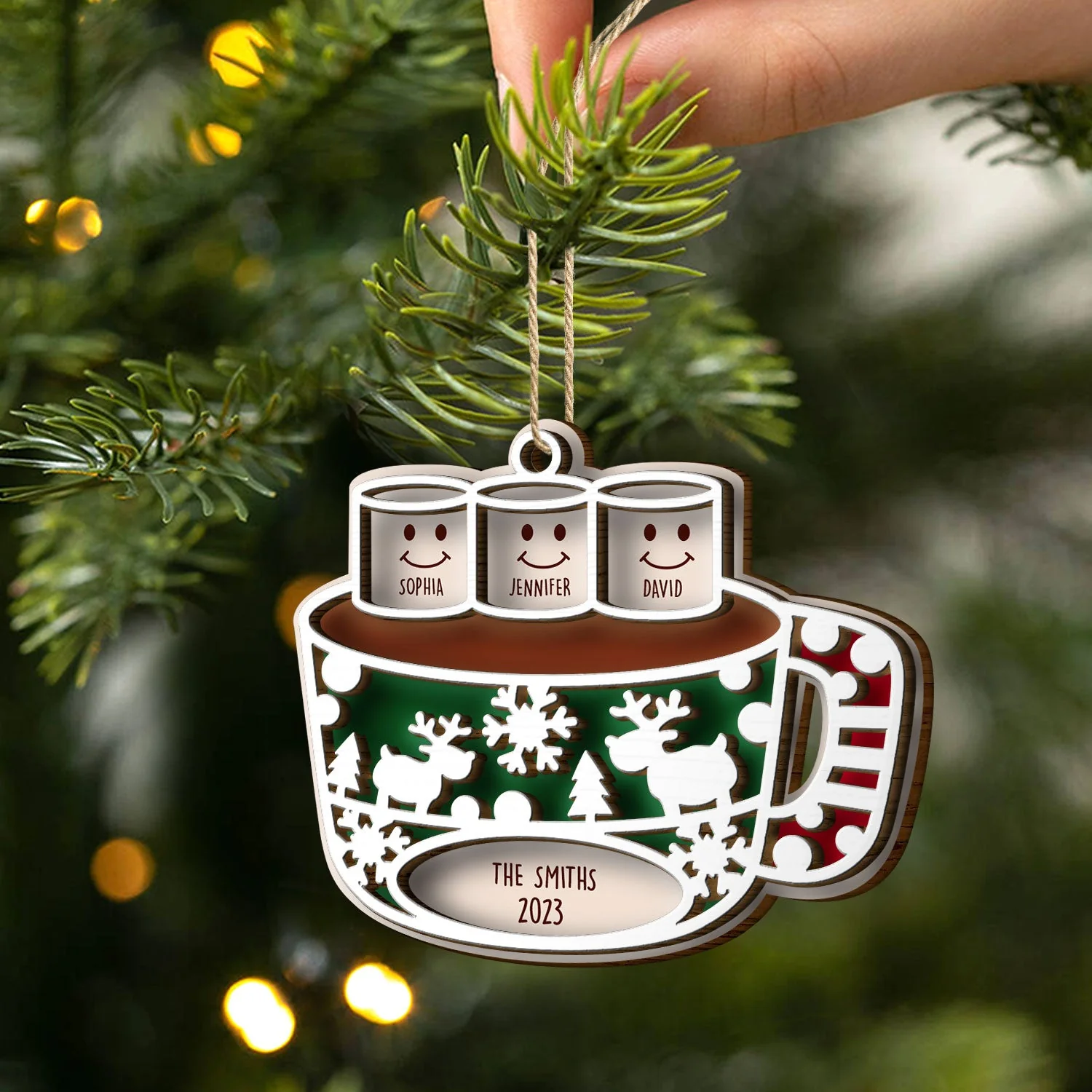 Merry Christmas Hot Chocolate Marshmallows - Christmas Gift For Family, Pet Lovers - Personalized 2-Layered Wooden Ornament - Image 2