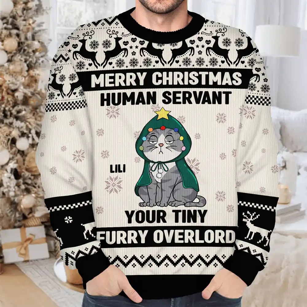 Merry Christmas Human Servant Your Tiny Furry Overlords - Personalized Unisex Ugly Sweater - Image 4