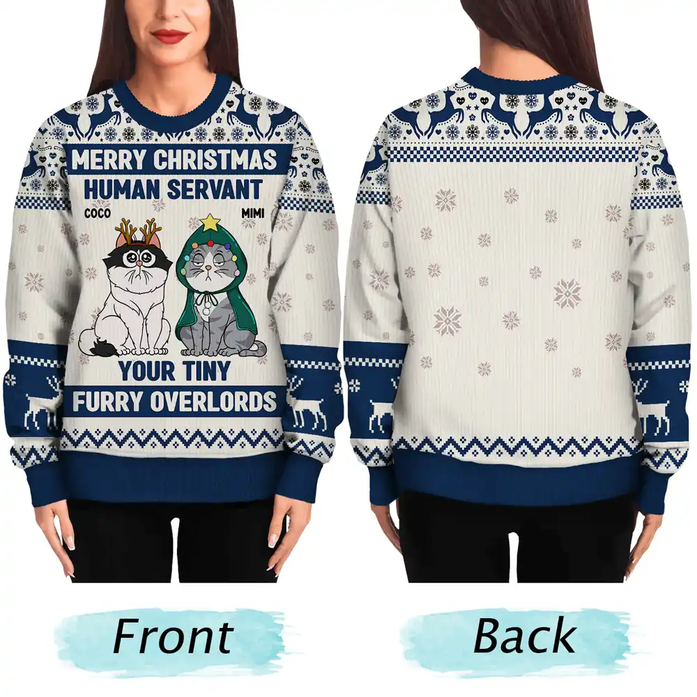 Merry Christmas Human Servant Your Tiny Furry Overlords - Personalized Unisex Ugly Sweater - Image 5