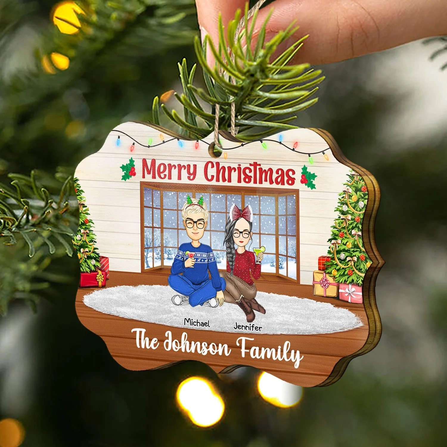 Merry Christmas Lovely Family - Gift For Parents - Personalized Medallion Wooden Ornament - Image 2