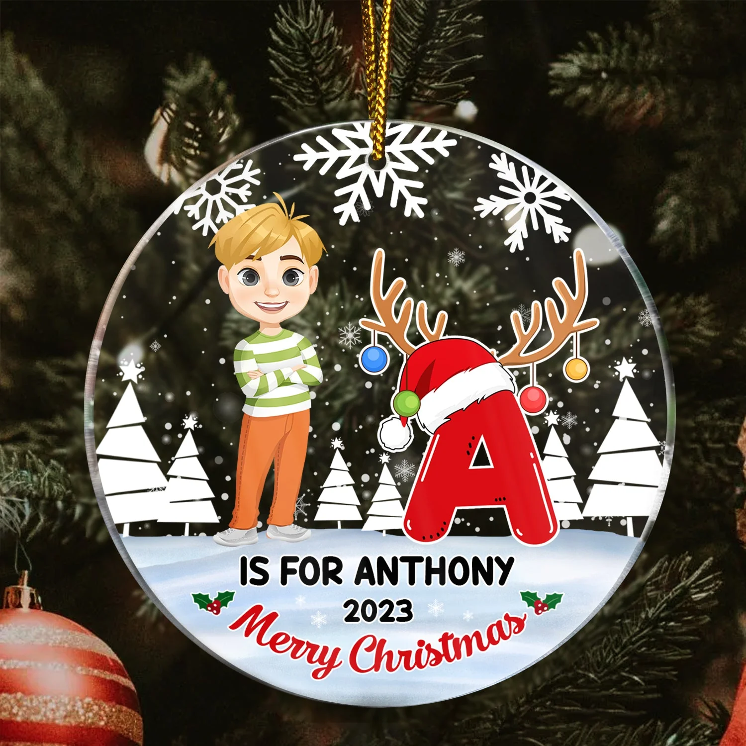 Merry Christmas Monogram Alphabet - Family Gift - Personalized Circle Acrylic Ornament - Image 3