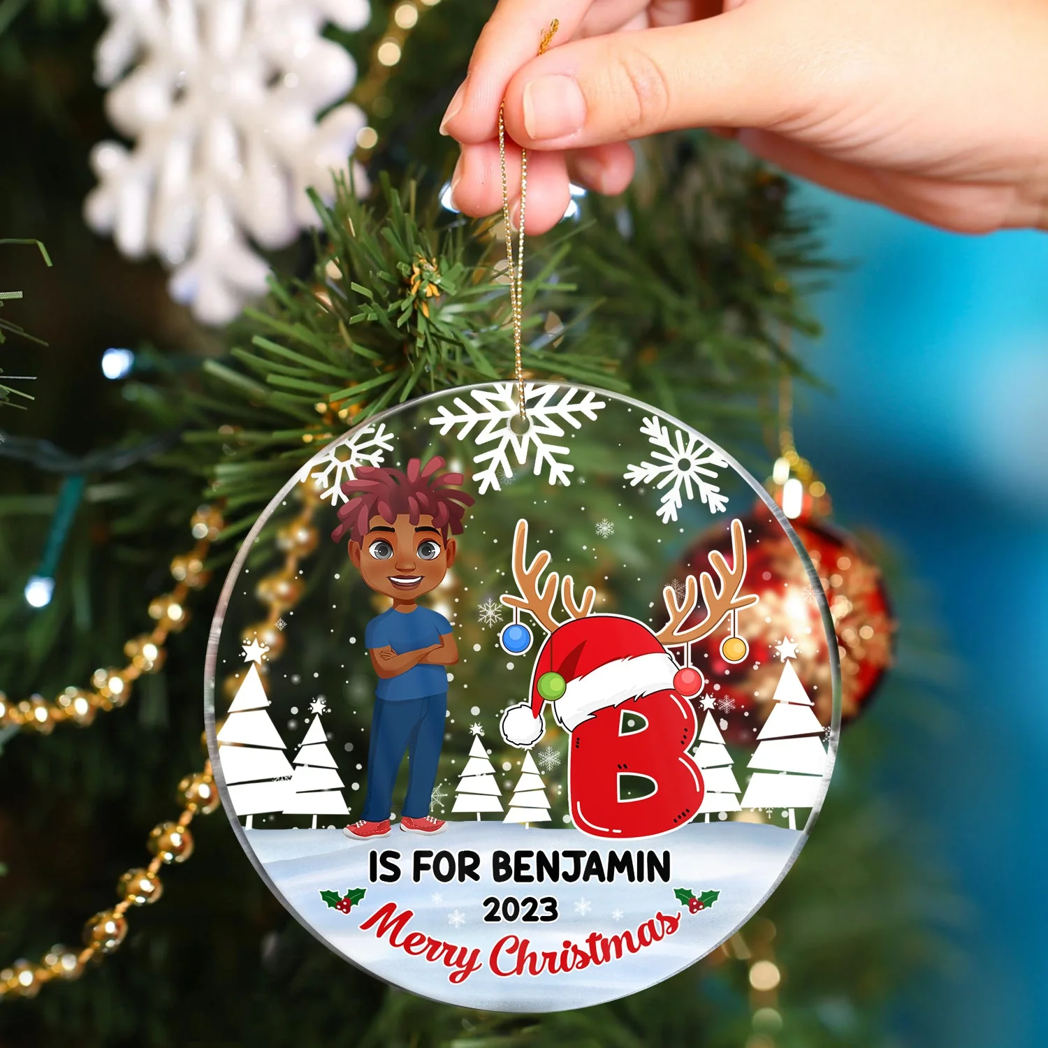 Merry Christmas Monogram Alphabet - Family Gift - Personalized Circle Acrylic Ornament - Image 4